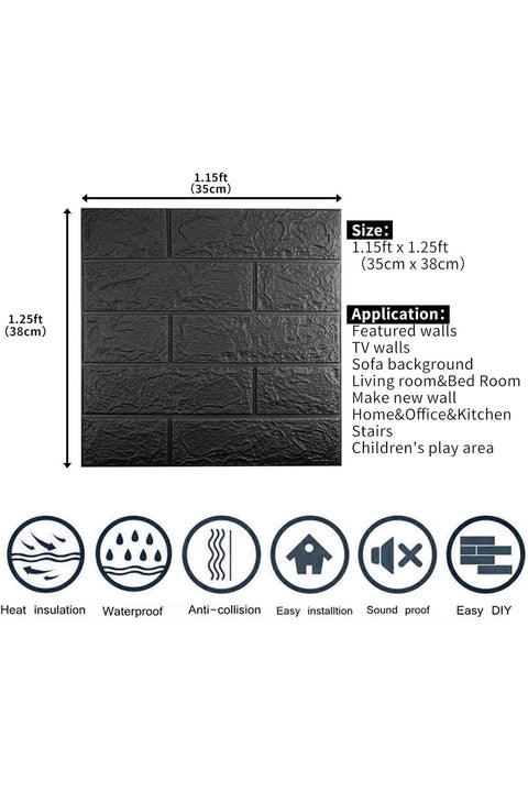 10 PCS Black 3D Wall Panels, 14.5 sq.feet Coverage, Printable Wallpaper Sticker with Self-Adhesive Waterproof Brick PE Foam Wall Panels Peel and Stick for Interior Wall Decor (Black)