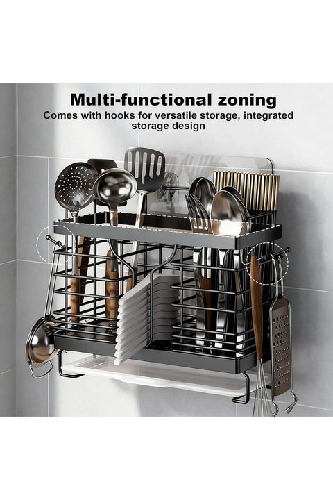 Utensil Drying Rack, Black Stainless Steel Silverware Holder, 3 Compartment Organizer Drainage Basket Rust Resistant