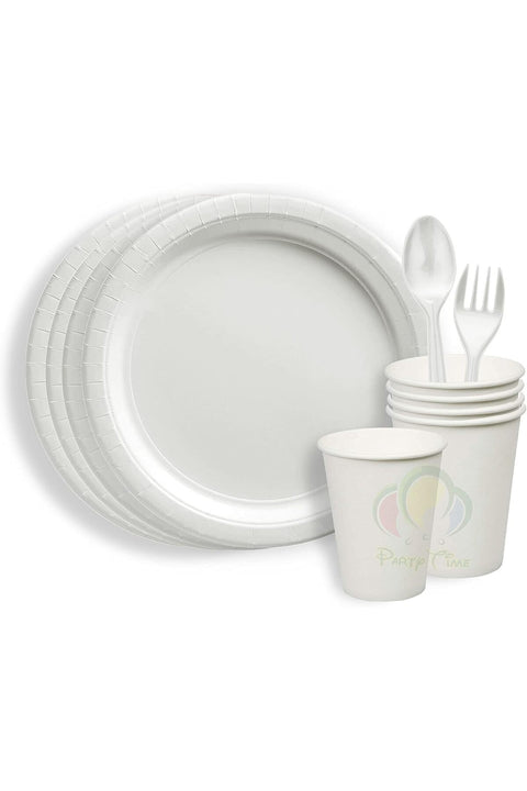 - 24 Pieces Party Supplies Tableware Set: 6-9" Paper Plates, 6-9 Oz Cups, 6-6" Spoons & Forks (White)