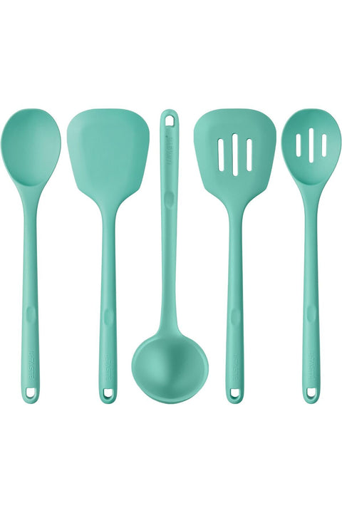 Silicone Kitchen Cooking Utensil - 315℃ Heat Resistant BPA Free Seamless Solid & Slotted Turner and Spoon, Soup Ladle for Non-Stick Pan/Wok Cookware (Set of 5, Aqua Sky)