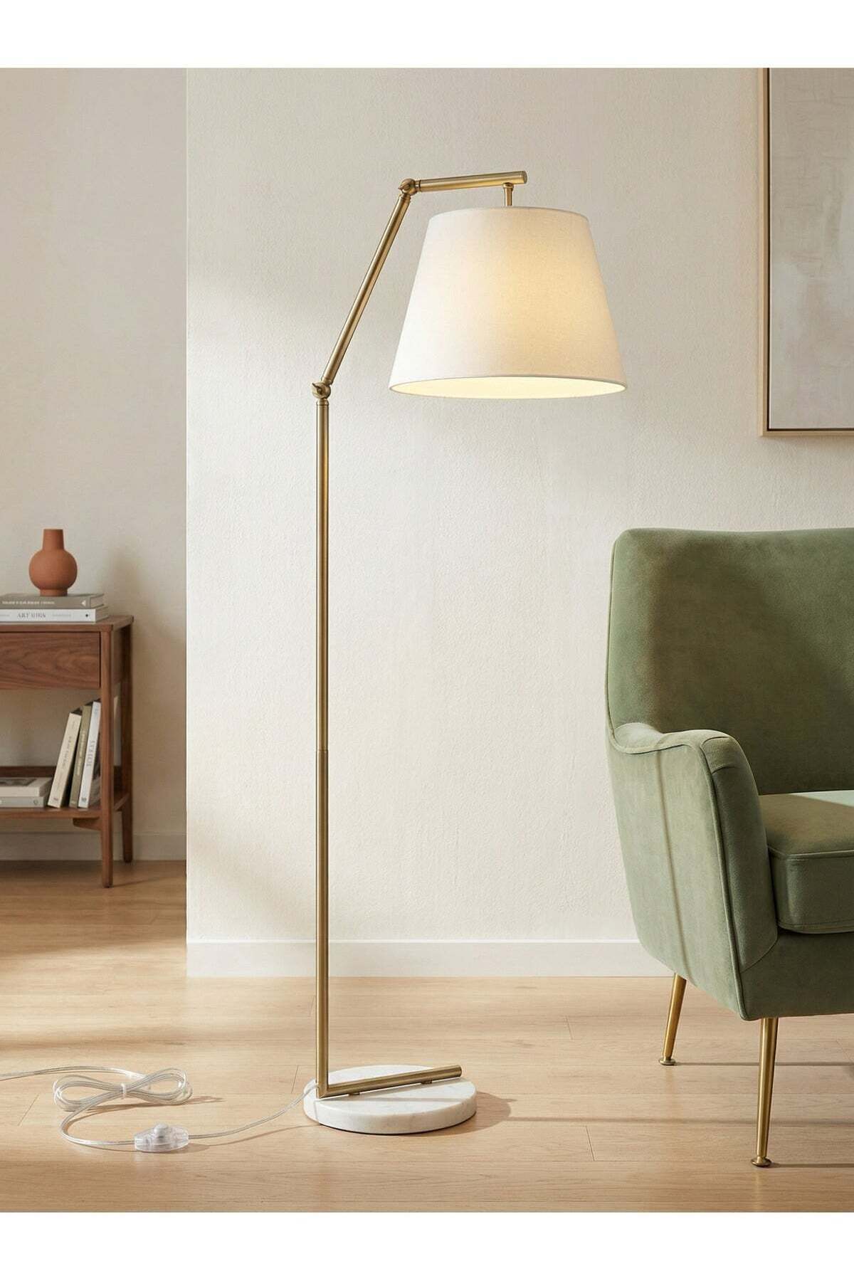 LIGHTING Modern Fabric Floor Lamp, Gold Iron Body with Marble Base, Adjustable Angle, E27 Bulb Included
