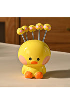 Fruit Forks, Dessert Forks, Stainless Steel Fruit Fork Storage Jar Set, Creative Cute Animal Fruit Sticks, Fruit Fork Cutlery Set (Yellow)