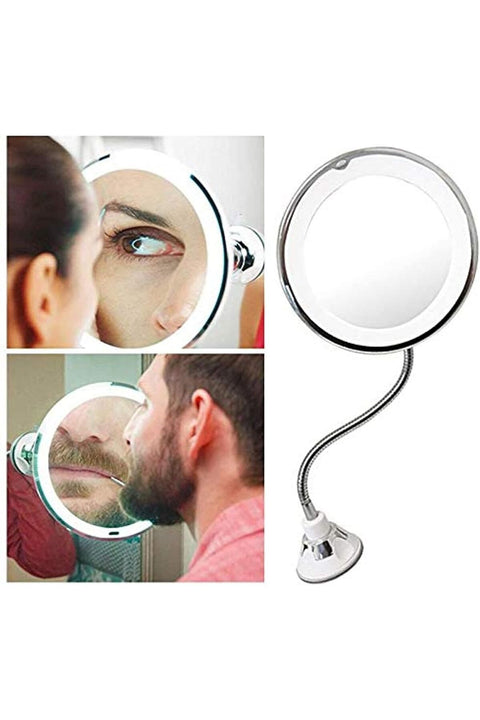 360 Rotation Flexible Gooseneck 10x Magnifying LED Lighted Bathroom Makeup Shaving Mirror Adjustable Bendable Gooseneck- Silver