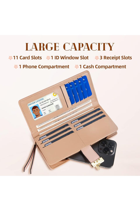 Sweet Cute Chocolate Women's Long Leaf Bifold Wallet Leather Card Holder Purse Zipper Buckle Elegant Clutch Wallet Handbag, One Size