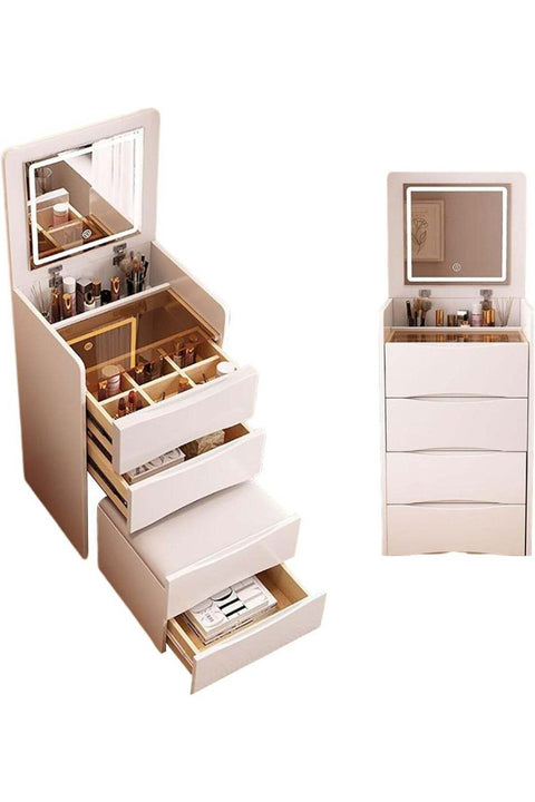 -Long Vanity Desk with Flip Top Mirror and LED Lights, 3 Drawers Small Makeup Dressing Table with Cushioned Storage Stool, Space Saving Compact Vanity Set for Bedroom（SZZ007）