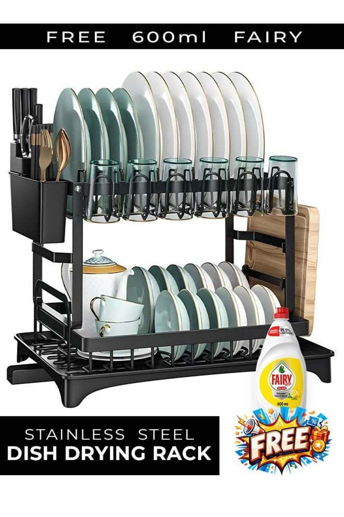 2-Tier Stainless Steel Dish Drying Rack, Kitchen Dish Drainer with Utensil, Cup & Cutting Board Holder, Rustproof Countertop Organizer, Black + Free 600ml Fairy
