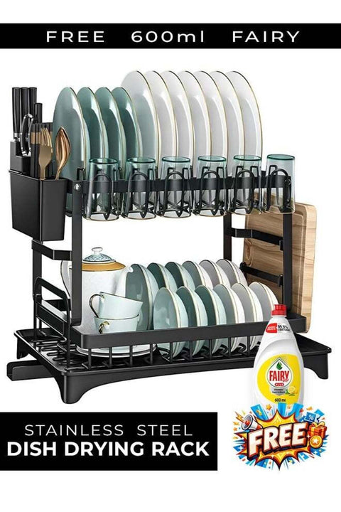 2-Tier Stainless Steel Dish Drying Rack, Kitchen Dish Drainer with Utensil, Cup & Cutting Board Holder, Rustproof Countertop Organizer, Black + Free 600ml Fairy