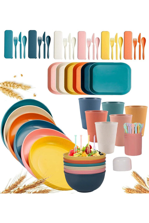 Wheat Straw Dinnerware Set, 50-Piece Reusable Plates and Bowls with Cutlery, Multi-Coloured Kitchen Set