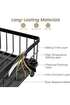 SHRAVELLE Small Stainless Steel Dish Drying Rack – Kitchen Counter Dish Drainer with Utensil Holder & Drainboard, Compact 11" W x 15" L, Black