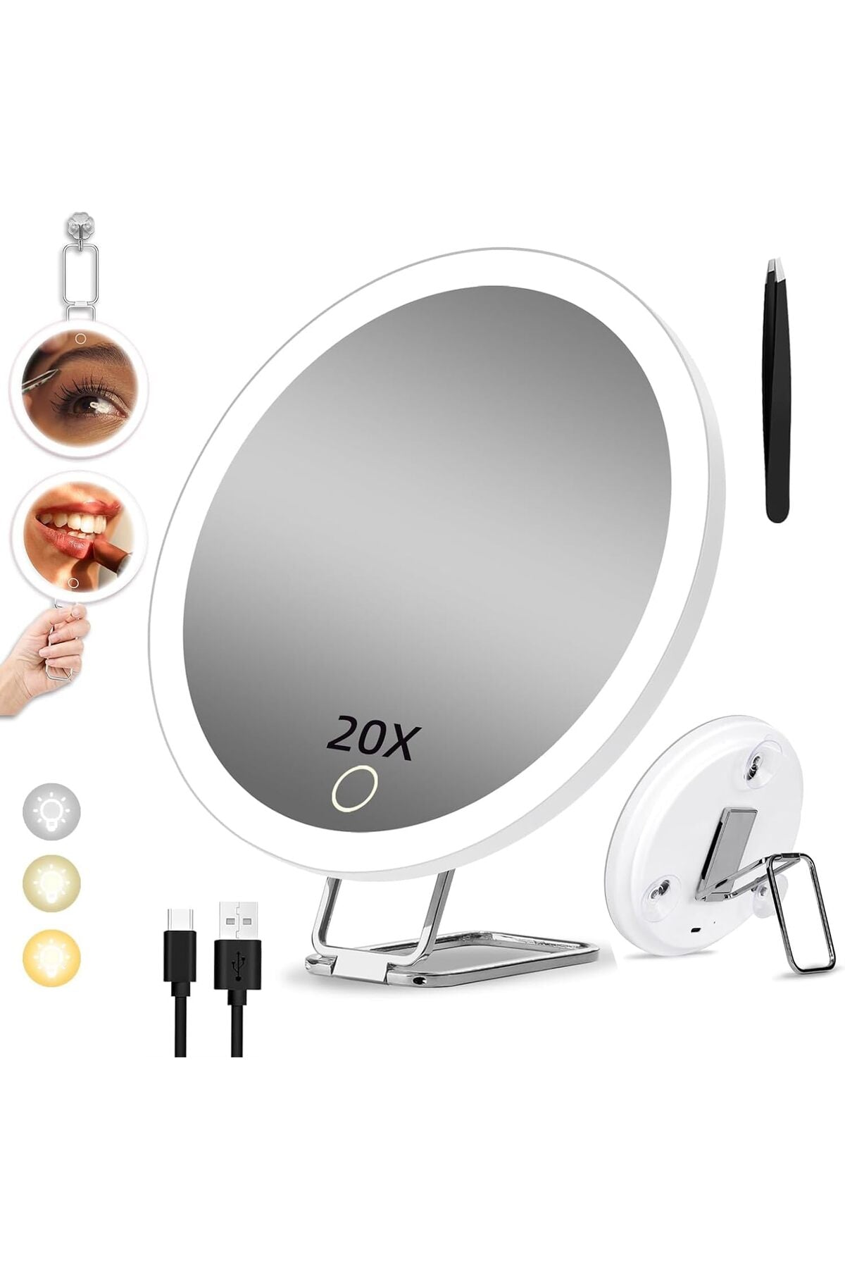 [Upgrade] 20X Magnifying Mirror with Light, Rechargeable 3 Colors Dimming Lighted Mirror with 3 Suction Cups and 360° Stand, 6" Large Travel Tabletop Magnified Makeup Mirror with Tweezers (White)
