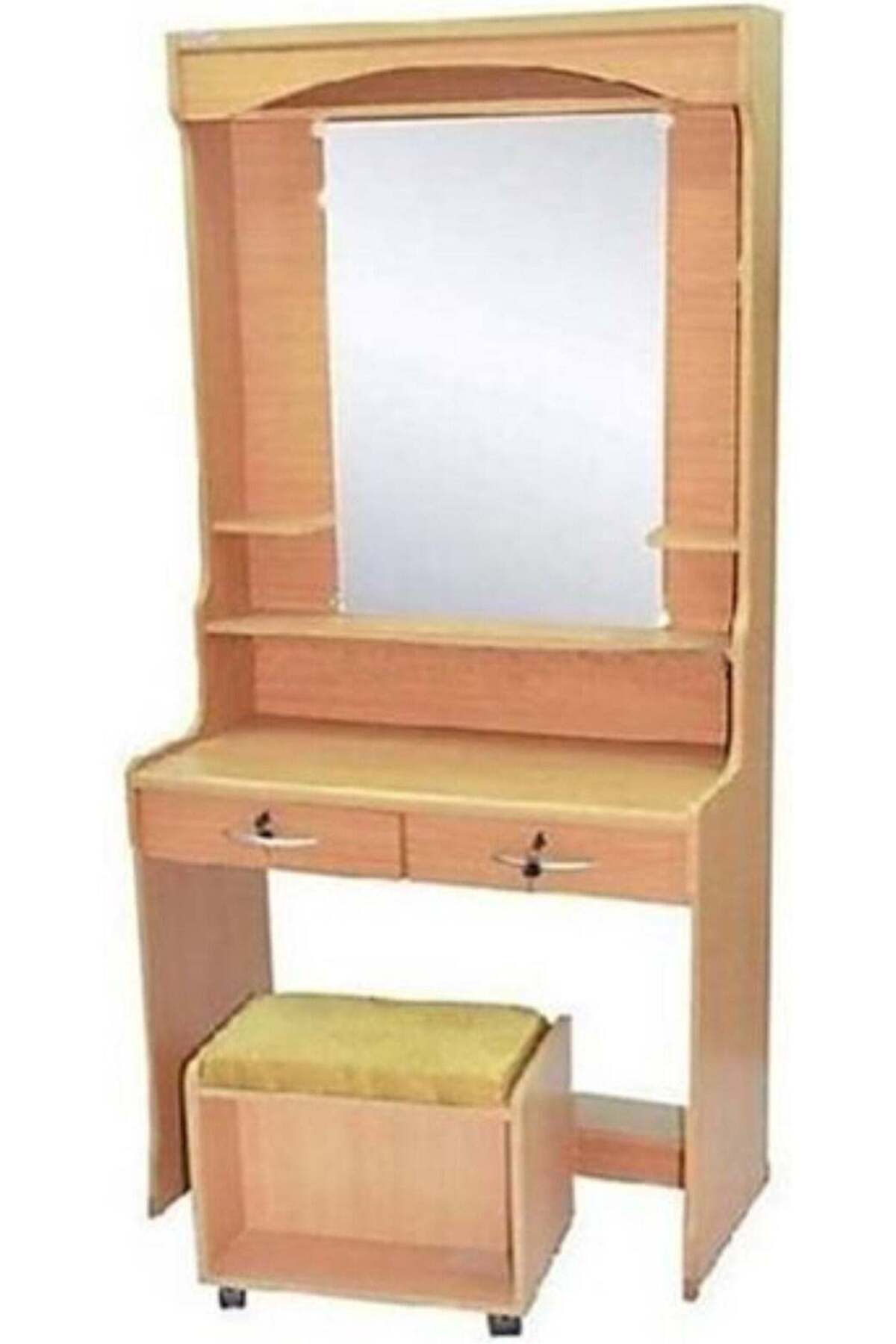 AL WADI FURNITURE Large Wooden Dresser | Dressing Table | Vanity Table | Makeup Table with Mirror and Stool, Lockable Two Front Drawers, Beige 175 x 80 x 38 cm