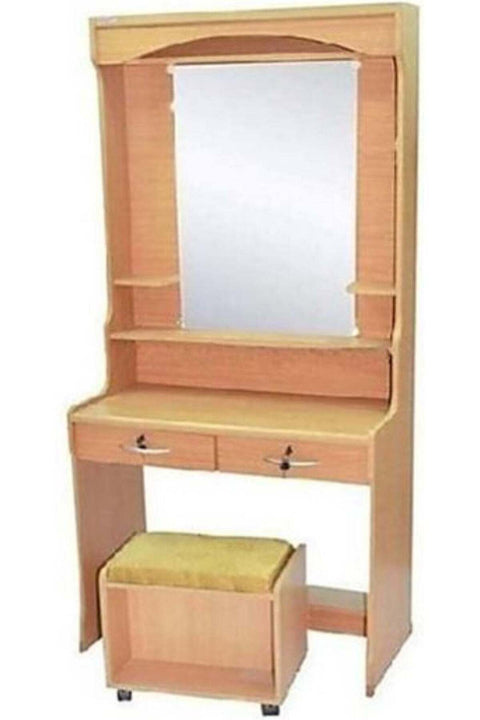 AL WADI FURNITURE Large Wooden Dresser | Dressing Table | Vanity Table | Makeup Table with Mirror and Stool, Lockable Two Front Drawers, Beige 175 x 80 x 38 cm