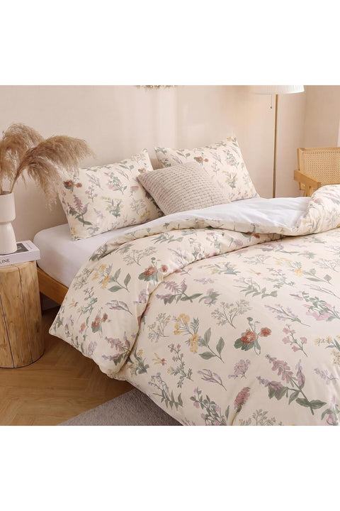 Herside Vintage Floral Duvet Cover Set Double 3 Pieces Soft Microfibre Botanical Flower Print Bedding Set Lightweight