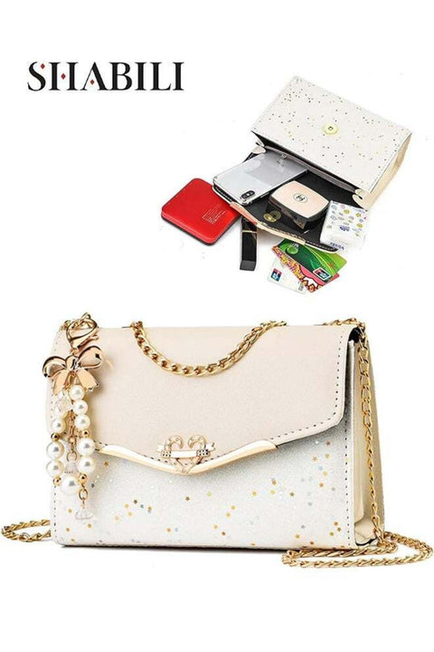 Women PU Large Capacity Multi Pocket Shoulder Bag Crossbody Satchel, Ladies Sling Clutch with Glitter Star Pearl Charm and Gold Chain, Magnetic Snap for Teenager Youth Daily Casual Party (beig