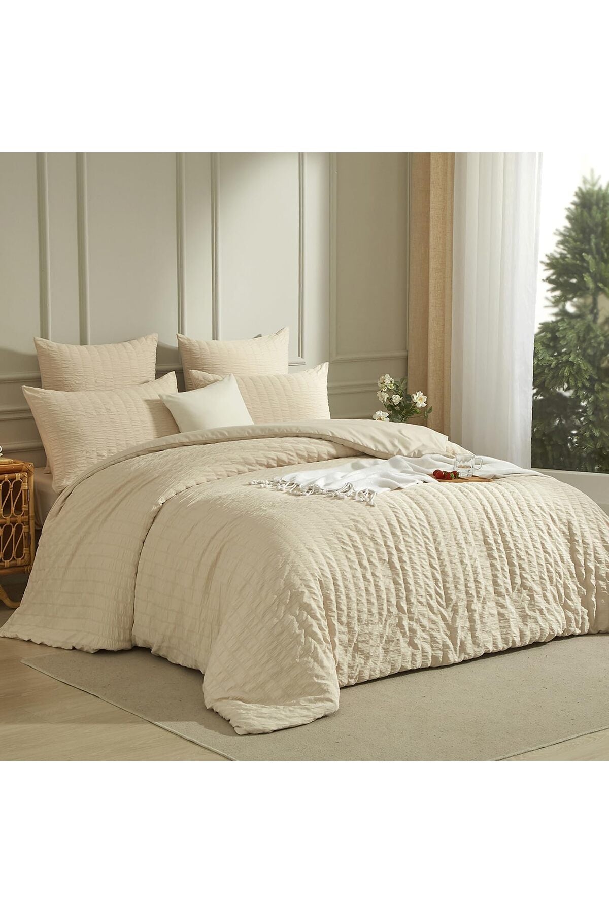 Duvet Cover 240 x 260 cm Beige Cream Seersucker Plain Microfibre Bedding Set for 2 Adults