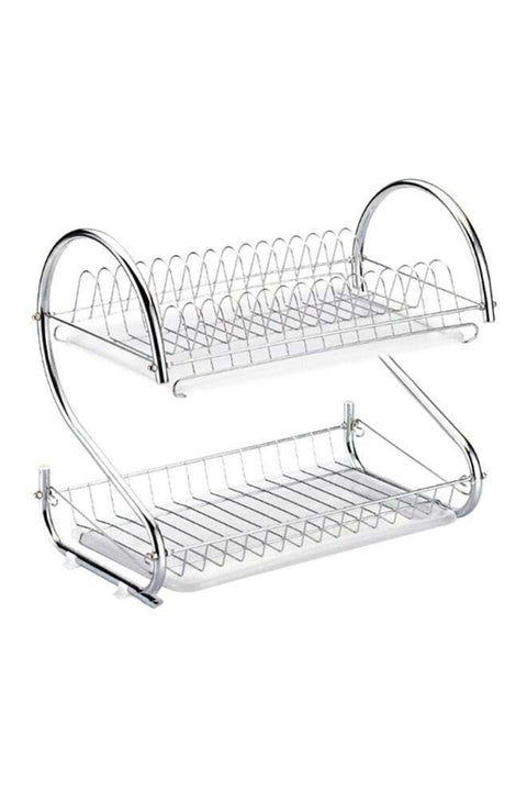 2-Tier Dish Drying Rack With Drain Board Silver 42x38cm