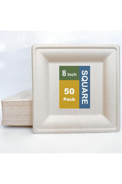 EcoHousing 100% Biodegradable Square Disposable Paper Plates [8*8 Inch, 50 Pieces], Microwavable, Eco-friendly, Sturdy, Bagasse Cane Fibers