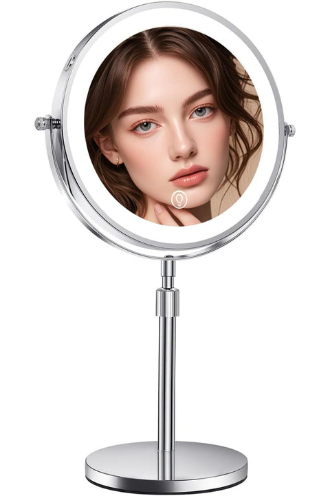 Makeup Mirror, Rechargeable Lighted Height Adjustable with 3 Colors, 45 Mins Auto Turn Off & Memory Function, Dimmable Double-Sided 1X/10X Magnification LED & Rotation Standing Vanity Mirror (Sliver)