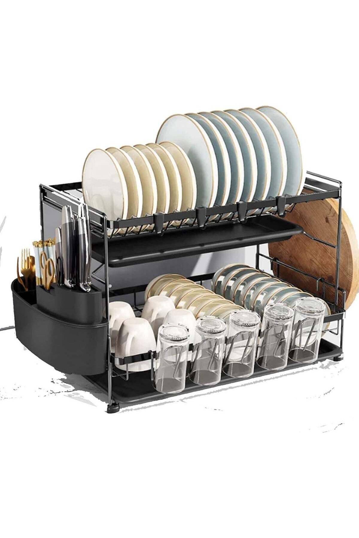 Dunekart Premium Double-Layer Kitchen Dish Organizer with Drip Tray - Countertop Drying Station with Cup Holder and Utensil Caddy - Large Capacity Steel Drainer Rack