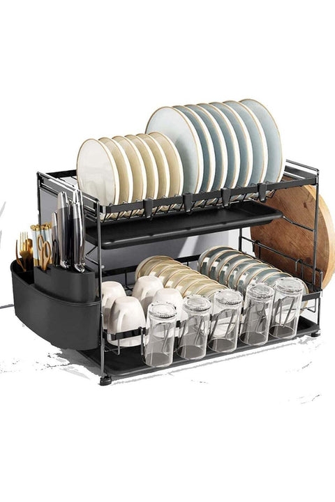 Dunekart Premium Double-Layer Kitchen Dish Organizer with Drip Tray - Countertop Drying Station with Cup Holder and Utensil Caddy - Large Capacity Steel Drainer Rack