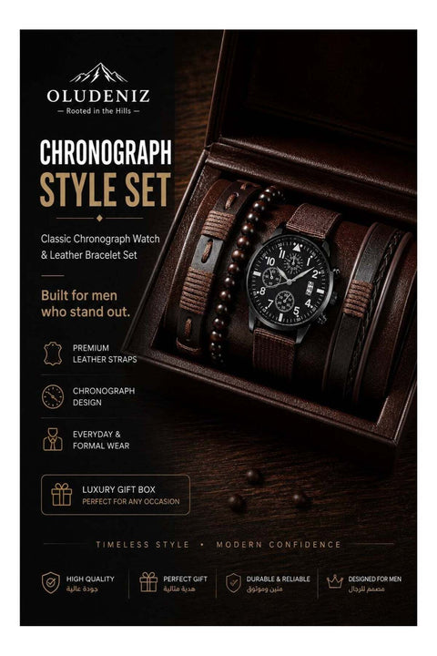 Luxury Men’s Business Gift Set – Classic Chronograph Watch with Genuine Leather Bracelet Set (4-Piece Collection)