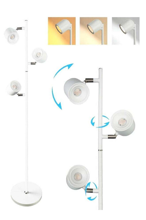 Floor Lamp With 3 LED Light, Modern Muiti-Head Adjustable Standing Lamp, 3 Color & Stepless Brightness Dimmer for Living Room Corner Lamp, Office Task Light, White