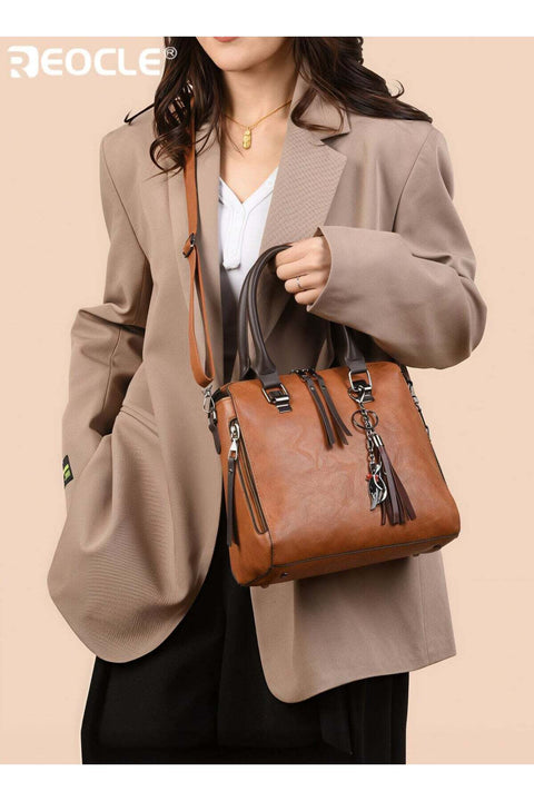 Women's Leather Tote Handbag Crossbody Bags with Little Fox Pendant Satchel Shoulder Bag