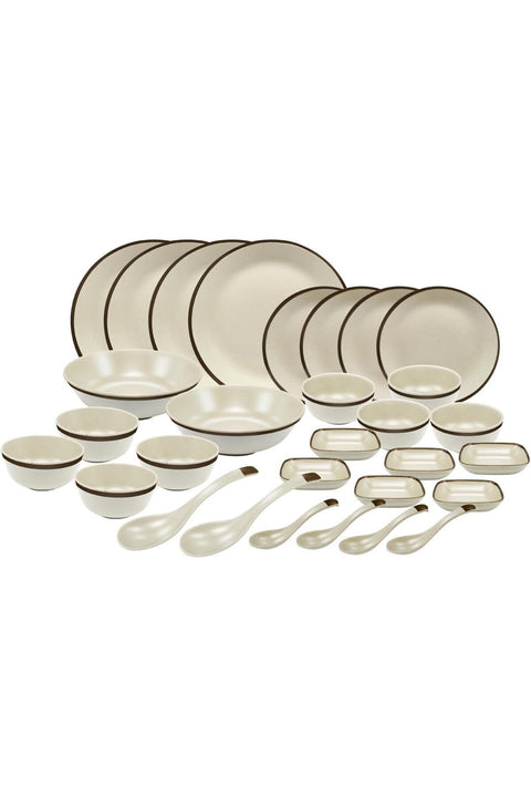 30 Pcs Melamine Dinner Set Beige – Includes 4 Dinner Plates, 4 Side Plates, 4 Soup Bowls, 4 Bowls, 2 Serving Bowls, 6 Sauce Dishes, 2 Serving Spoons & 4 Soup Spoons – Classic Collection