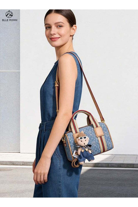 Women Mini Crossbody Bag with Bear Keychain Small Shoulder Handbag Adjustable Strap Stylish Compact Bag