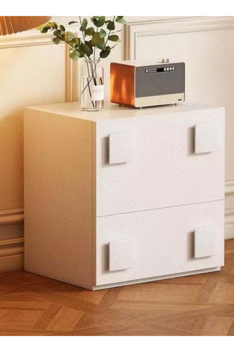 Multipurpose Use Modern Retro Style Minimalist Design Durable Solid Wood Bedside Table with Leather Wrapped Two Drawers Decorative Nightstand Storage Cabinet for Living Room Bedroom 48x37x50