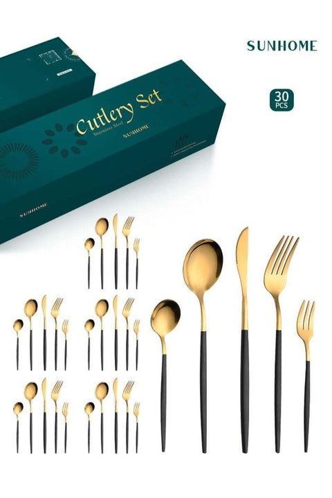 30-Piece Stainless Steel Cutlery Set Kitchen Utensil Western Tableware Black/Gold