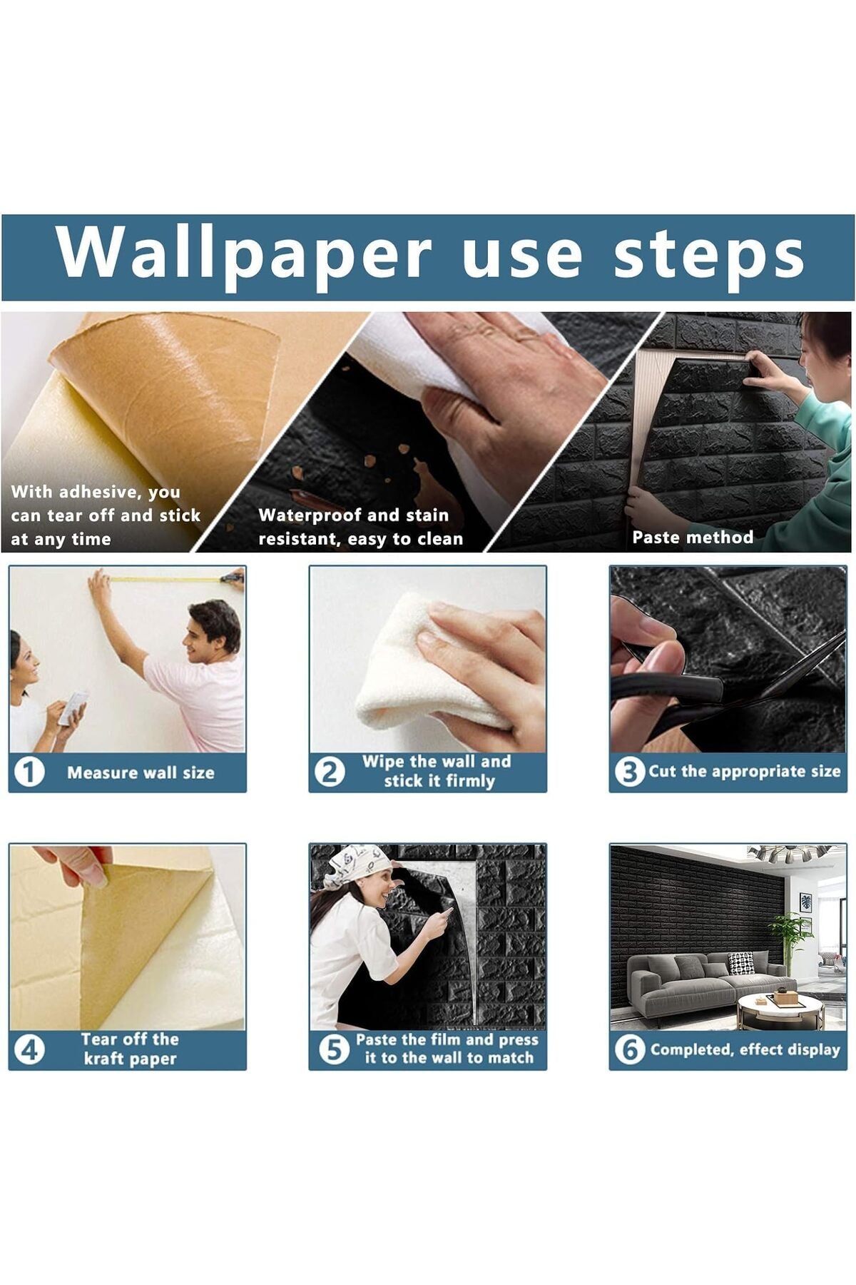 10 PCS Black 3D Wall Panels, 14.5 sq.feet Coverage, Printable Wallpaper Sticker with Self-Adhesive Waterproof Brick PE Foam Wall Panels Peel and Stick for Interior Wall Decor (Black)