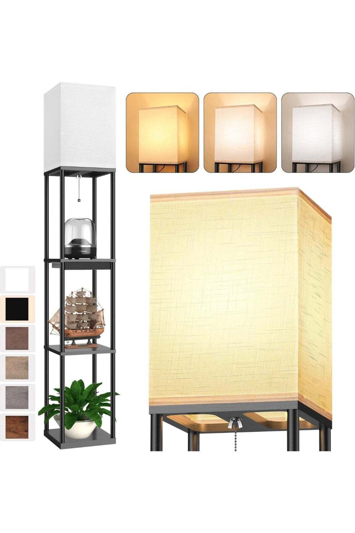 Floor Lamp with Shelves and Drawer, 3 CCT LED Bulb, Corner Display, White Linen Shade