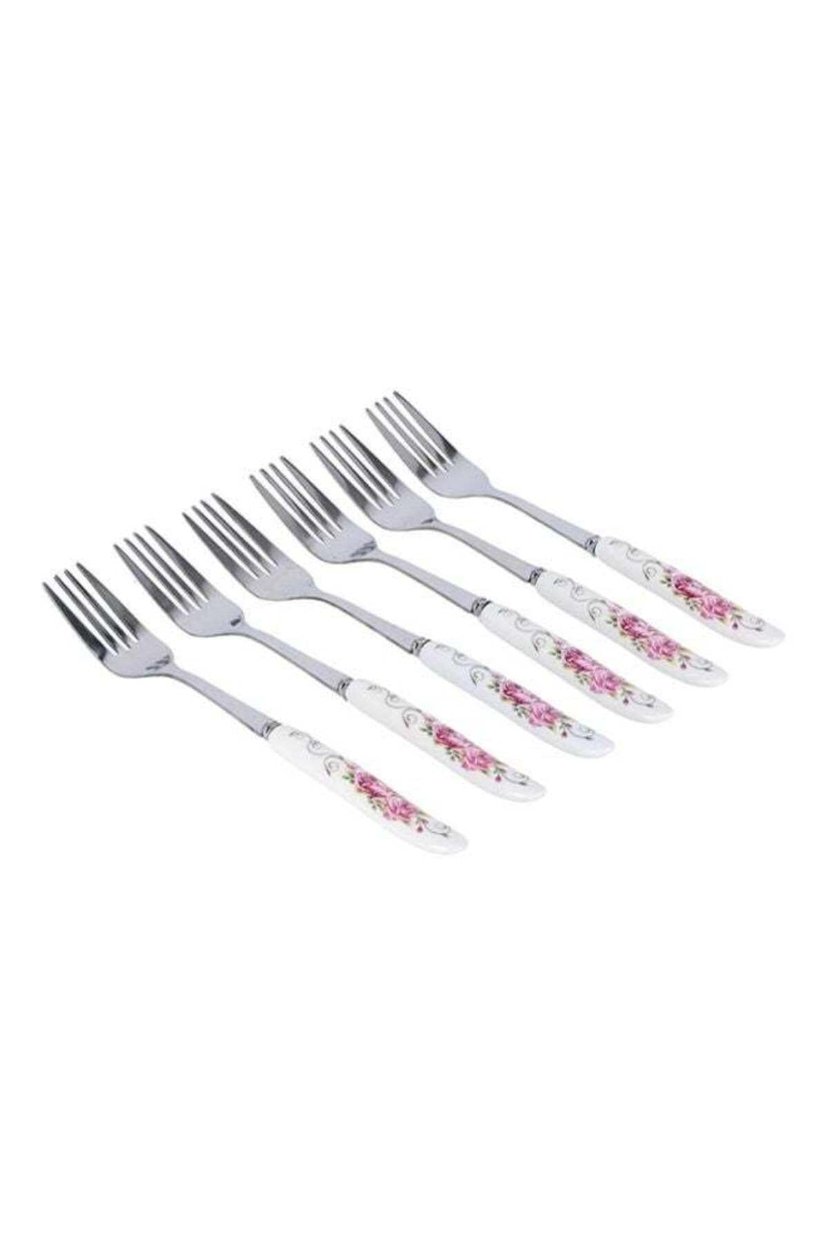 6-Piece Dinner Fork Set White/Pink