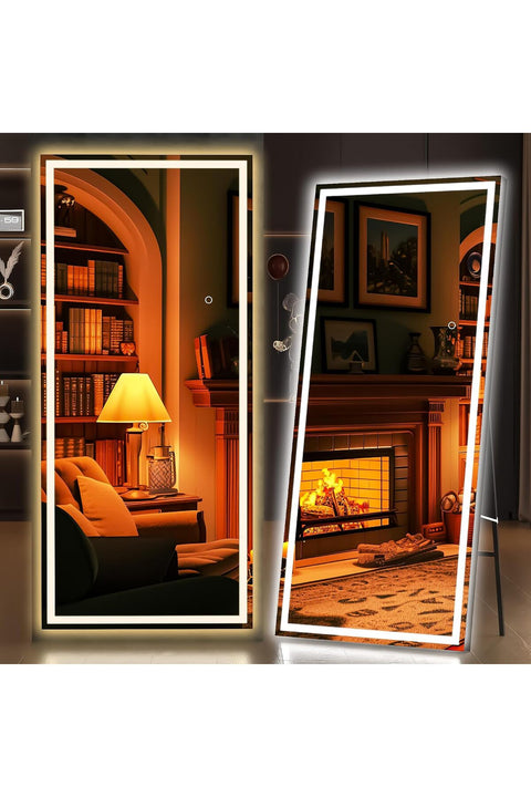 Full Length Mirror with Lights, 180x70cm LED Lighted Floor Standing Mirror 3 Color Lighting, Full Body Dressing Hanging Mounted Mirrors, Dimmable, Tempered Glass