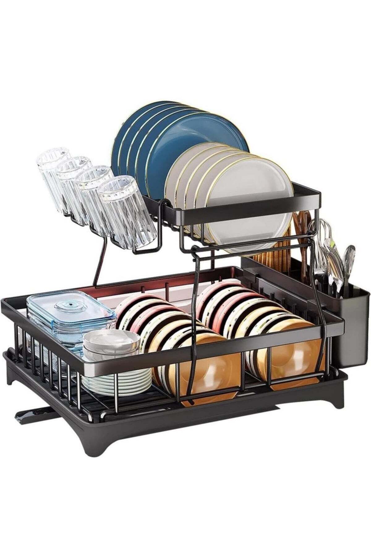 2 Tier Foldable Dish Drying Rack with Utensil Holder & Cutting Board Holder & Drainboard Tray,