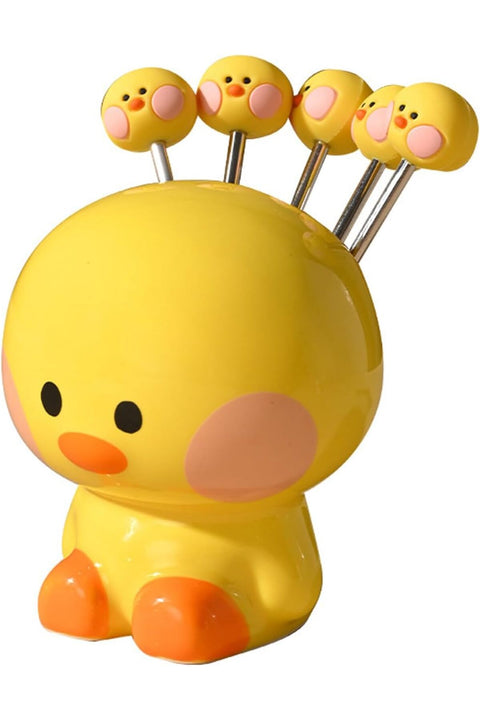 Fruit Forks, Dessert Forks, Stainless Steel Fruit Fork Storage Jar Set, Creative Cute Animal Fruit Sticks, Fruit Fork Cutlery Set (Yellow)