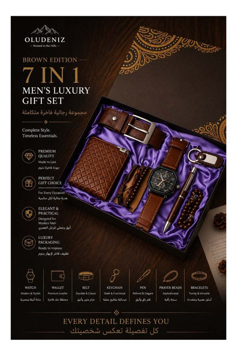 Corporate Luxury 7 in 1 Leather Sets Watch Wallet Belt Bracelet Key Chain Ballpoint Pen Rosary Box For Present Business Men Gift Set