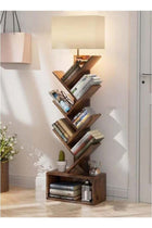 Modern Tree Bookshelf Floor Lamp with Shelves – Space Saving Wooden Bookcase Lamp with Fabric Shade