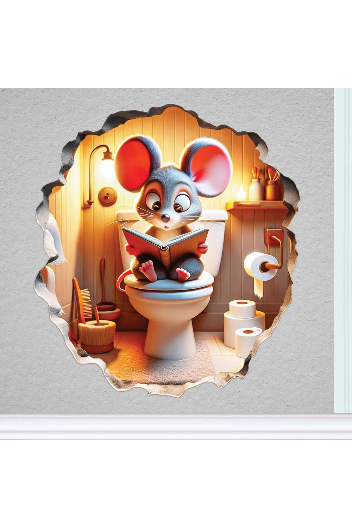 3D Mouse Sitting on Toilet Sticker, Mousehole Wall Sticker Decal, Removable Bathroom Decor, Kids Room Peel and Stick, Whimsical Home Decor