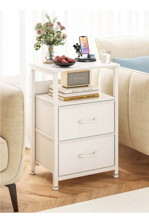 3-Tier Nightstand Side Table with 2 Fabric Drawers Home Bedside Table End Coffee Table for Bedroom 45*30*73cm White