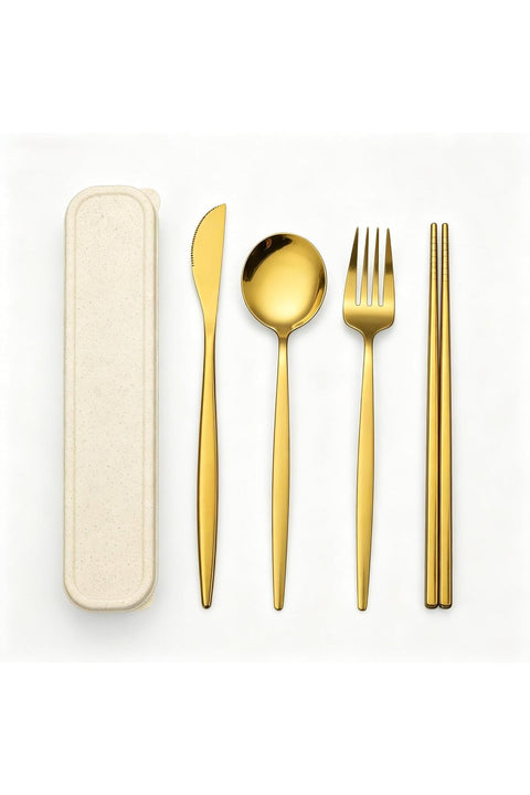 Premium Travel Flatware Set, 4 Pieces Gold Stainless Steel, Coated Handles, Eco-Friendly Storage Box