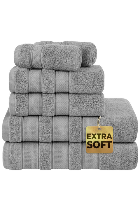 Safi Plus 6-Piece Towel Set 100% Turkish Genuine Cotton Super Soft & Absorbent Luxury Hotel Quality 600 GSM Cotton Bathroom Towels, 2 Bath Towels, 2 Hand Towels, 2 Washcloths, Light Grey