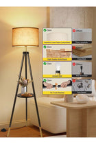 Solid Wooden Tripod Floor Lamp, 12W LED Bulb, Remote, Dimmable, 4 Color Temps, Timer, Shelf, Black