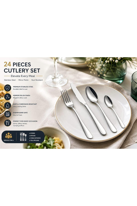 Mariyab 24 Pieces Cutlery Set, Stainless Steel Basic Flatware Cutlery Silverware for Home/Office/Party/Camping, Knife Fork Spoon Eating Utensils Set Service for 6