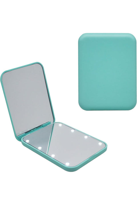 Portable LED Compact Travel Pocket Small Mirror with Light- 2-Sided 1X/3X Magnification, Folding Design, Handheld Mini Light-Up Mirror for Purse in Green.