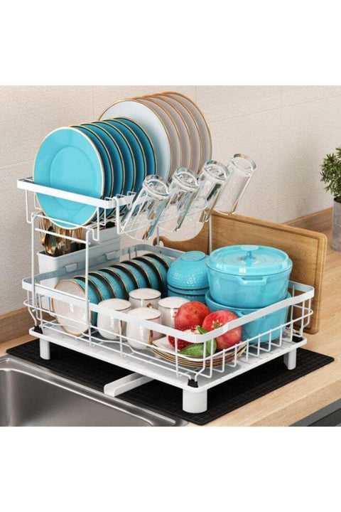 Festive Gallery Dish Drainer Rack, 2 Tier Dish Drainer with Drip Tray and Drainer Mat, Stainless Steel Dish Rack with Utensil Holder, Swivel Spout, Draining Board for Kitchen Counter, White