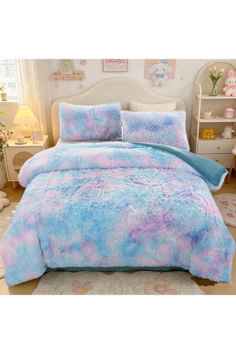 SUCSES Tie Dyed Duvet Cover Set Twin Size, Plush Shaggy Soft Velvet Fuzzy Bedding Set with 2 Pillow Shams, Blue