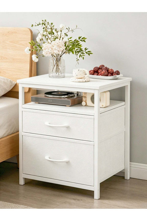 Modern Nightstand with Open Shelf, White Bedside Table, Sturdy End Table for Living Room, 2-Fabric Drawer Bedroom Night Stand Furniture