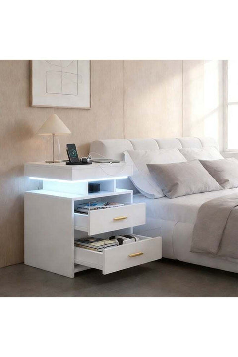 Bedside Cabinet, Charging Night Stand with USB & Type-C Port, Smart Nightstand with Wireless Charging and 5 Color LED Light, Storage Desk with 2 Drawers (CT060-White)